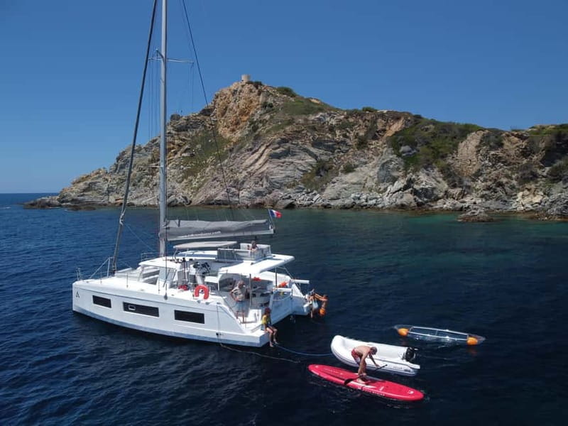 Departure from BRUSC: Half-day catamaran cruise - The Embiez sailing time: sails up, then coast views that actually feel close