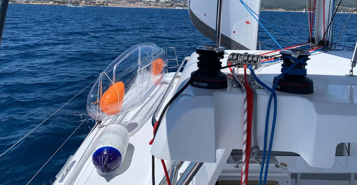 Departure from BRUSC sunset on sailing catamaran - Sailing the Embiez coastline: views between Six-Fours and Sanary
